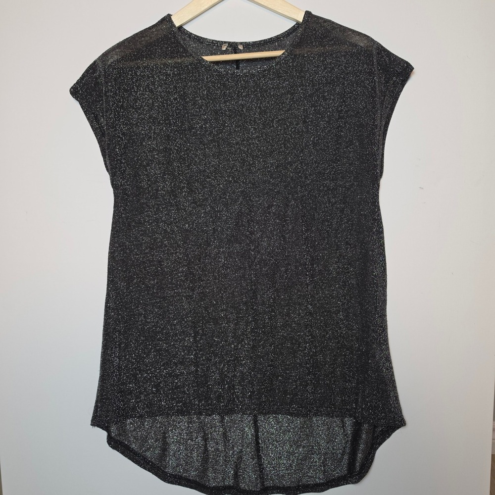 Calliope Shimmer Metallic Knit High Low Short Sleeve Top Black Large